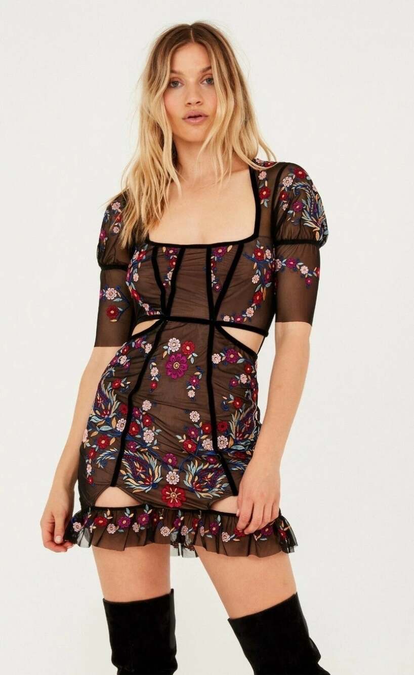FOR LOVE & LEMONS Ester Embroidered Mesh Mini Dress Cutout Velvet Black Nude M